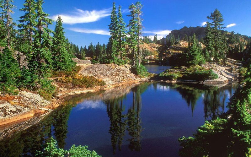 Mountain Lake with Trees — Blue, Serene, Afternoon