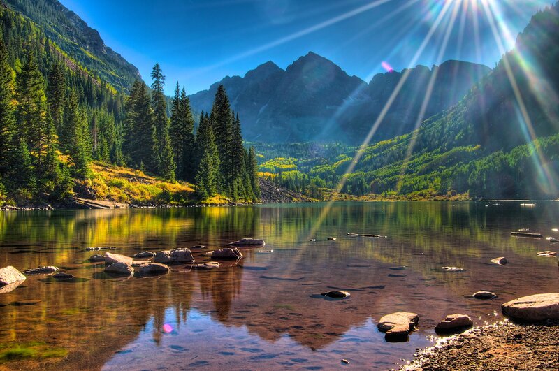 Mountain Lake with Trees — Blue, Serene, Morning, Photograph, Mountains