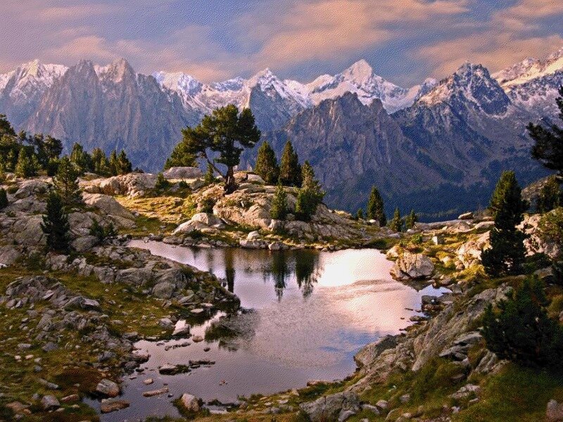 Mountain Lake with Trees — Blue, Serene, Sunset