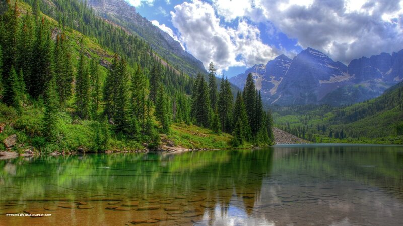 Mountain Lake with Trees — Green, Serene, Afternoon, Photograph, Mountains, Sky