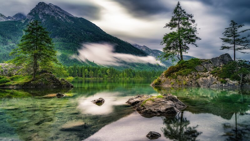 Mountain Lake with Trees — Green, Serene, Morning, Photograph, Rocks