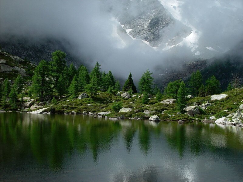Mountain Lake with Trees — Green, Serene, Photograph, Mountains, Clouds