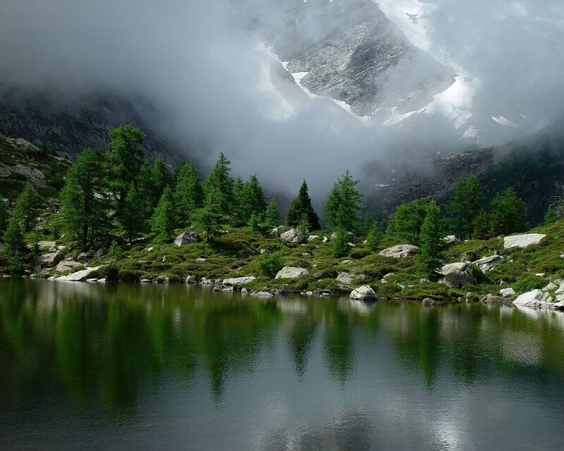 Mountain Lake with Trees — Green, Serene, Photograph, Mountains
