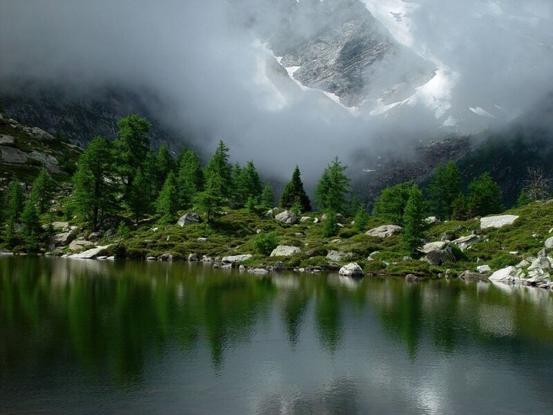Mountain Lake with Trees — Green, Serene, Photograph, Rocks
