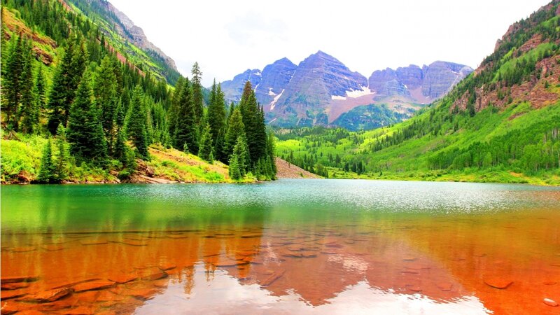 Mountain Lake with Trees — Green, Serene, Summer, Photograph