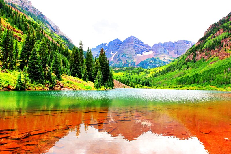 Mountain Lake with Trees — Green, Serene, Summer