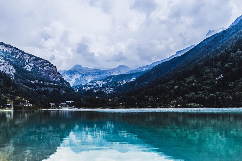 Mountain lake with village
