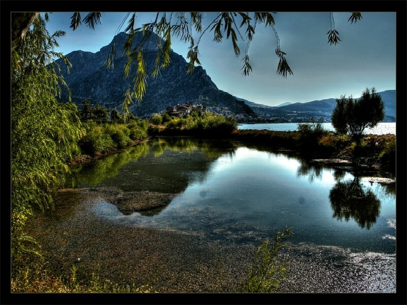 Mountain lake with village view