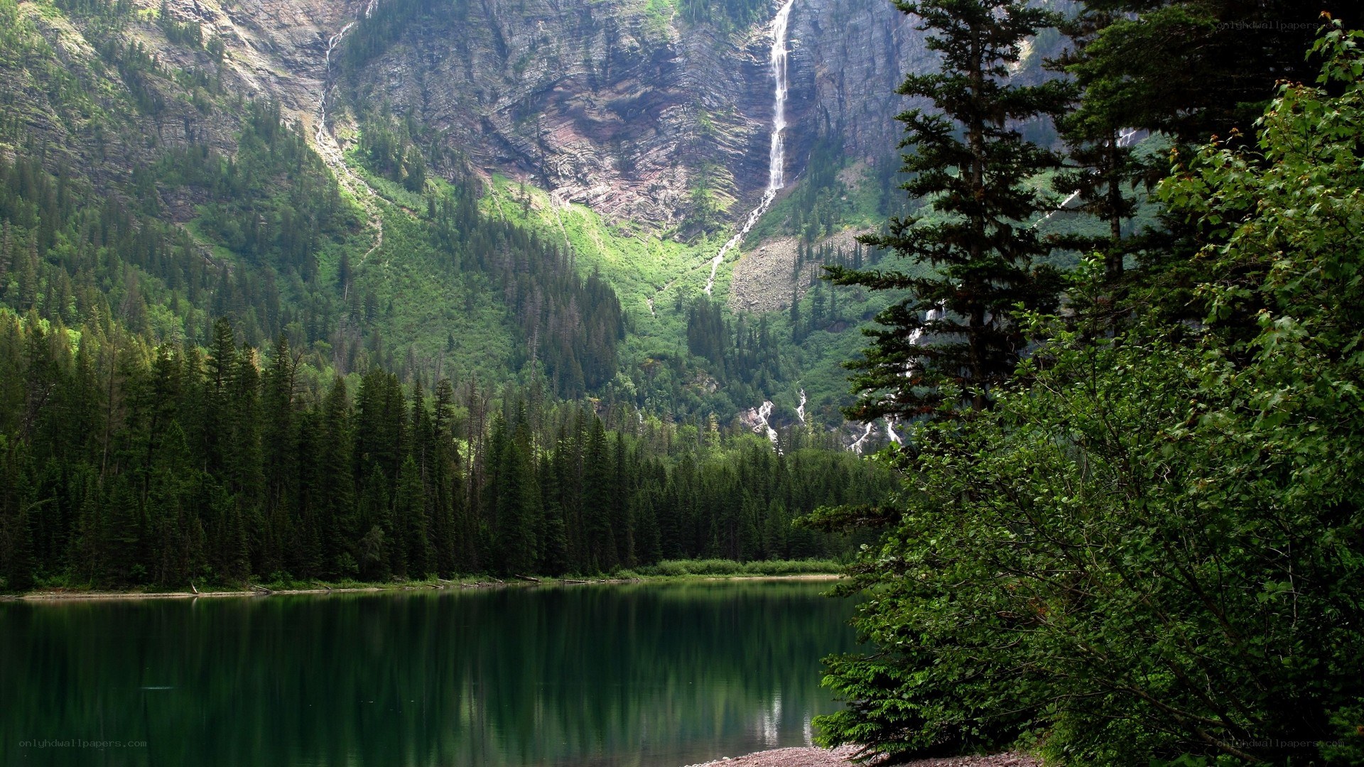 Mountain lake with waterfall