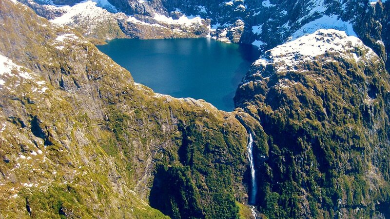 Mountain Lake with Waterfall — Blue, Dramatic