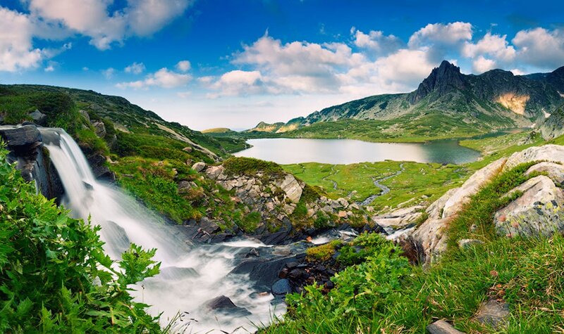Mountain Lake with Waterfall — Blue, Serene, Afternoon