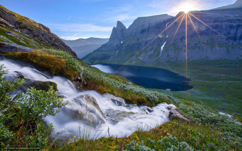 Mountain Lake with Waterfall — Blue, Serene, Sunrise