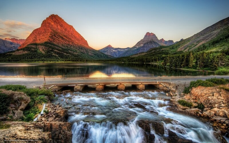 Mountain Lake with Waterfall — Blue, Serene, Sunset