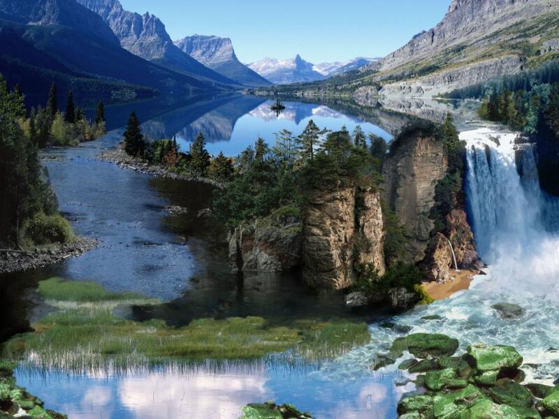 Mountain Lake with Waterfall — Blue, Serene