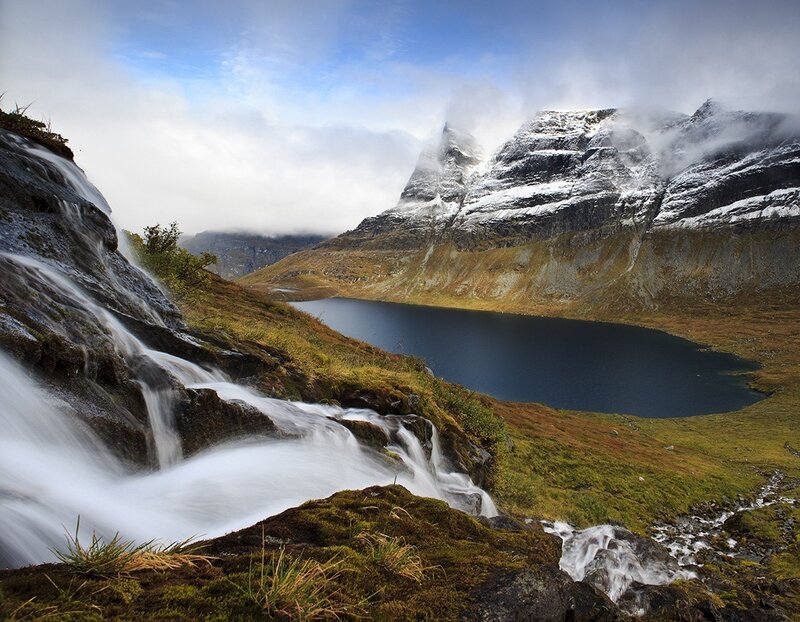 Mountain Lake with Waterfall — Blue