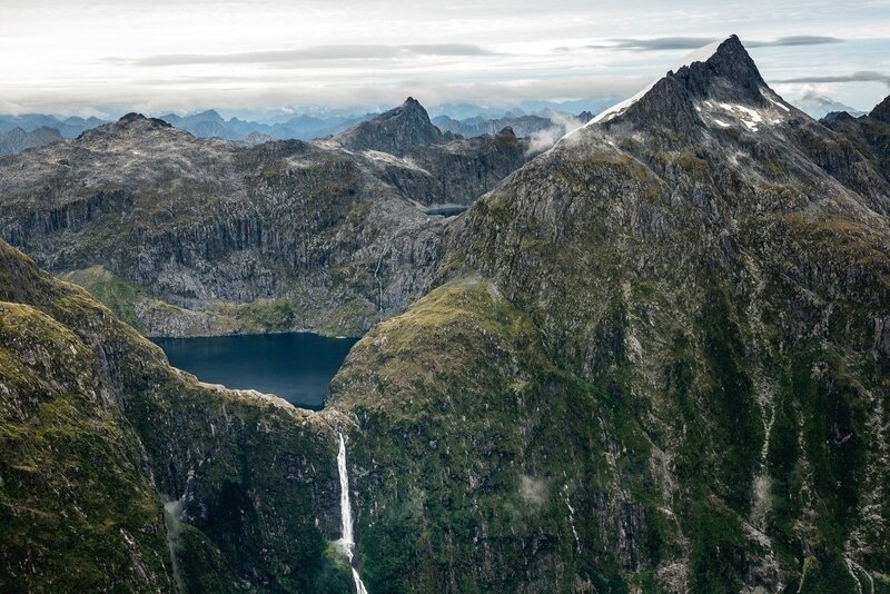 Mountain Lake with Waterfall — Green, Dramatic