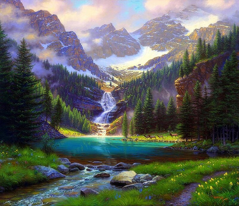 Mountain Lake with Waterfall — Green, Serene, Afternoon, Painting