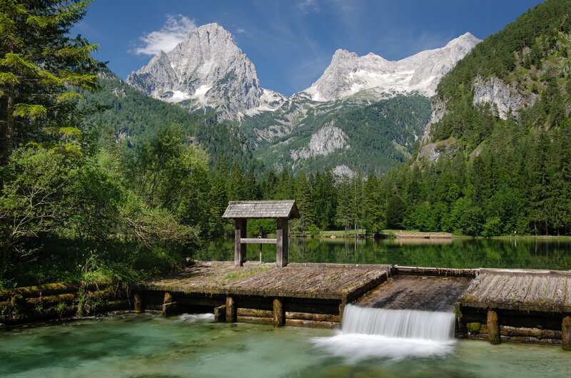 Mountain Lake with Waterfall — Green, Serene, Afternoon, Photograph, Mountains