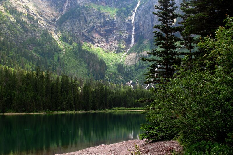 Mountain Lake with Waterfall — Green, Serene, Afternoon, Photograph, Trees