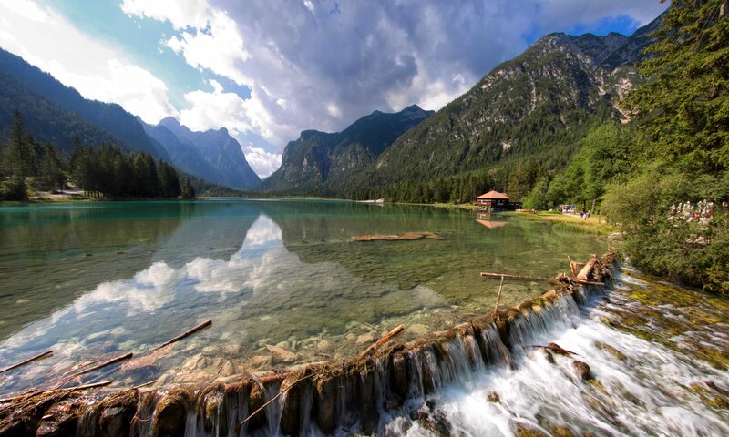Mountain Lake with Waterfall — Green, Serene, Afternoon