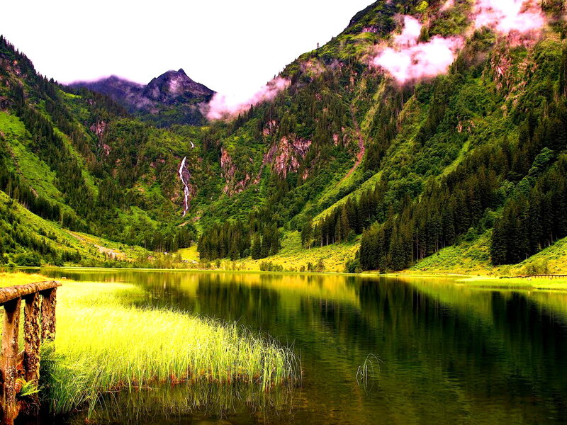 Mountain Lake with Waterfall — Green, Serene, Morning