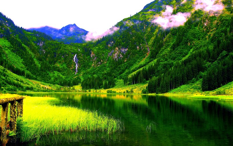 Mountain Lake with Waterfall — Green, Serene