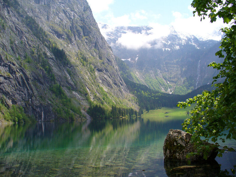 Mountain Lake with Waterfall — Green