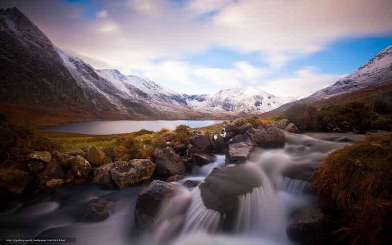 Mountain lake with waterfall