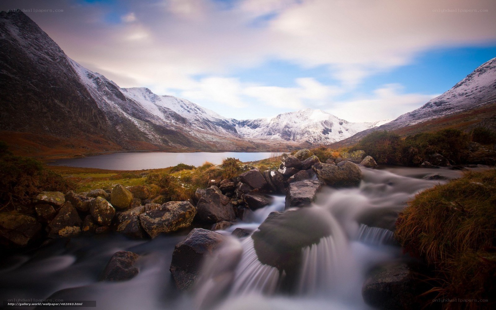Mountain lake with waterfall