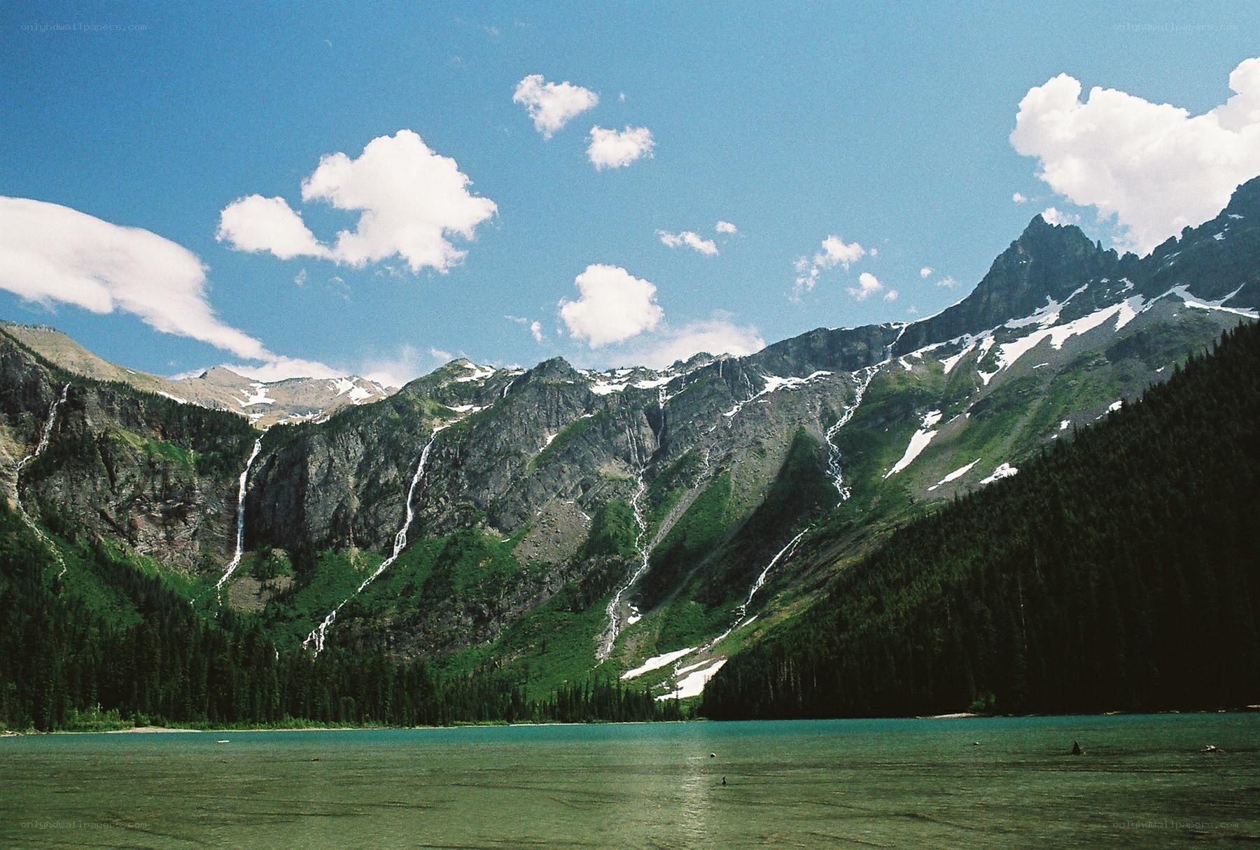Mountain lake with waterfalls