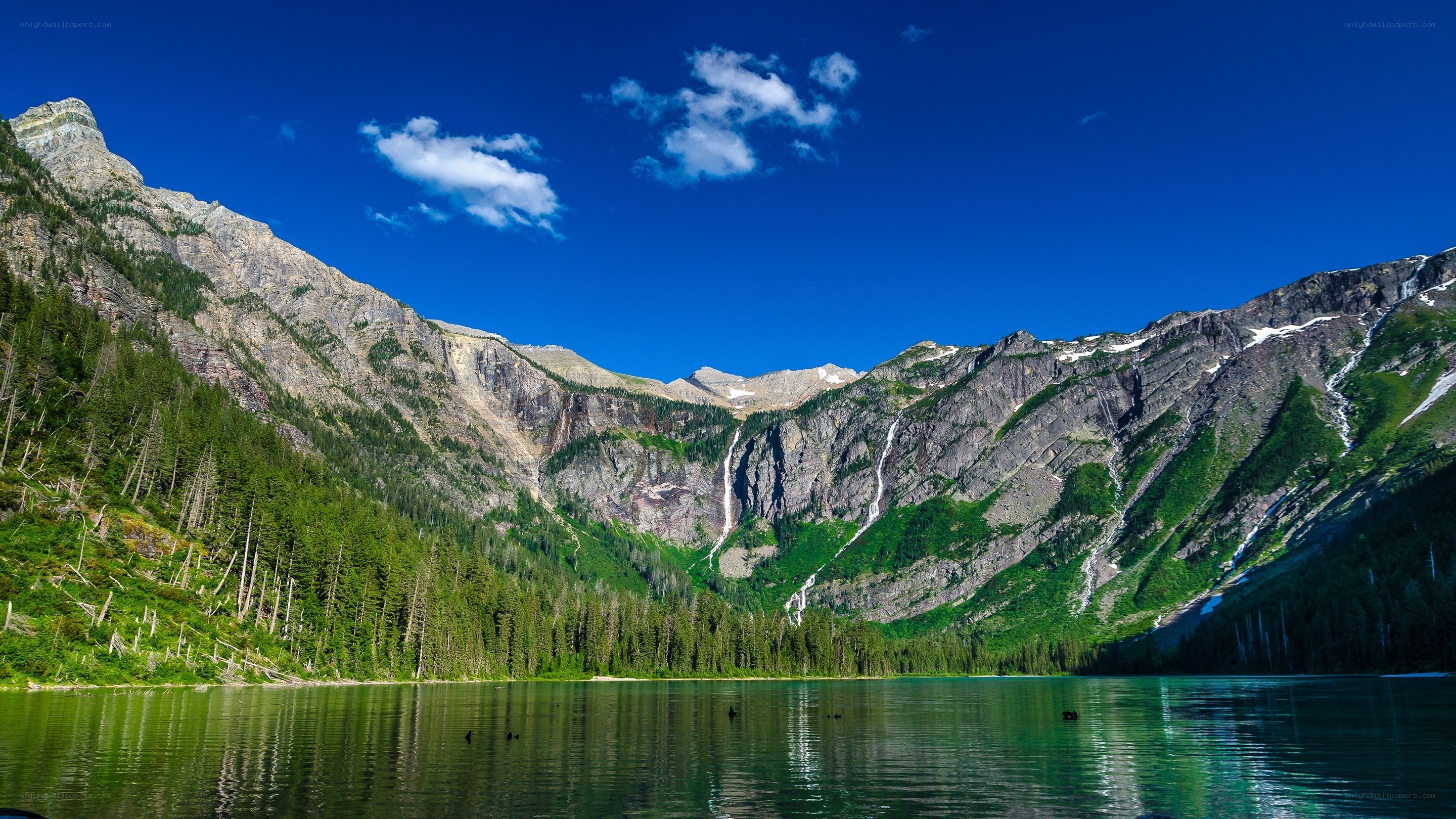 Mountain lake with waterfalls