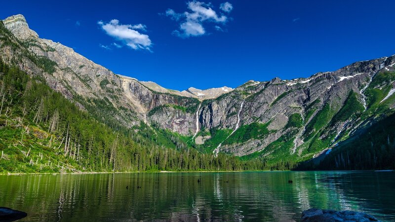 Mountain Lake with Waterfalls — Blue, Serene, Afternoon