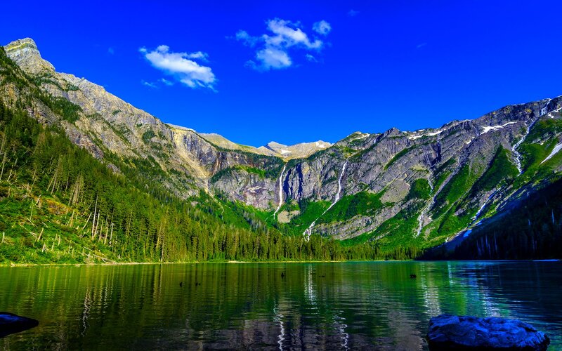 Mountain Lake with Waterfalls — Blue, Serene