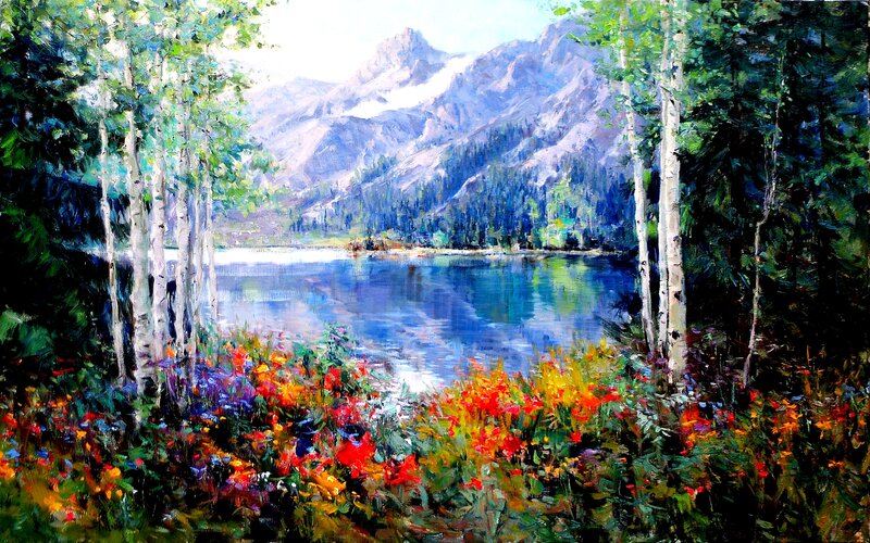 Mountain Lake with Wildflowers — Blue, Serene, Summer, Painting