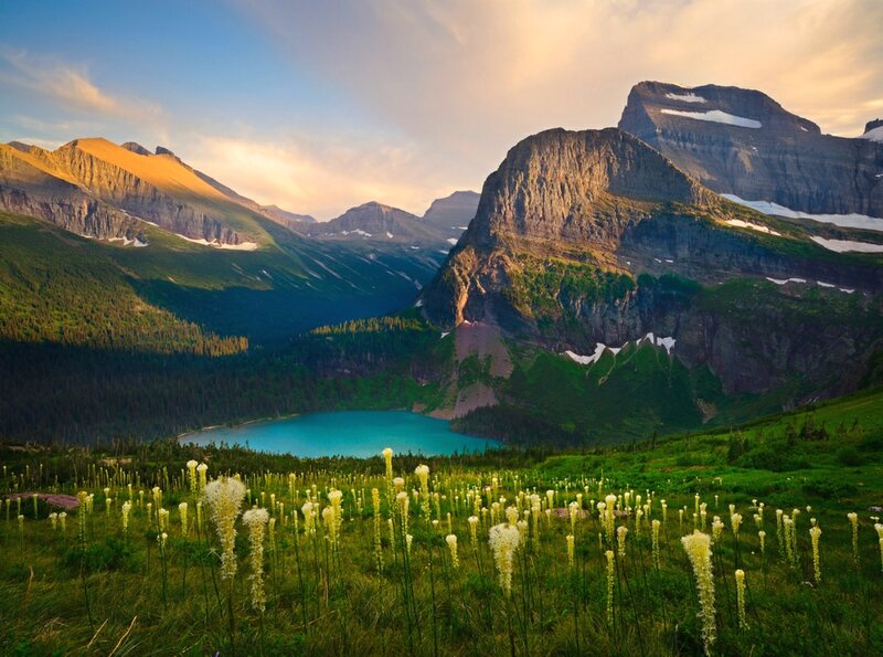 Mountain Lake with Wildflowers — Green, Serene, Sunset