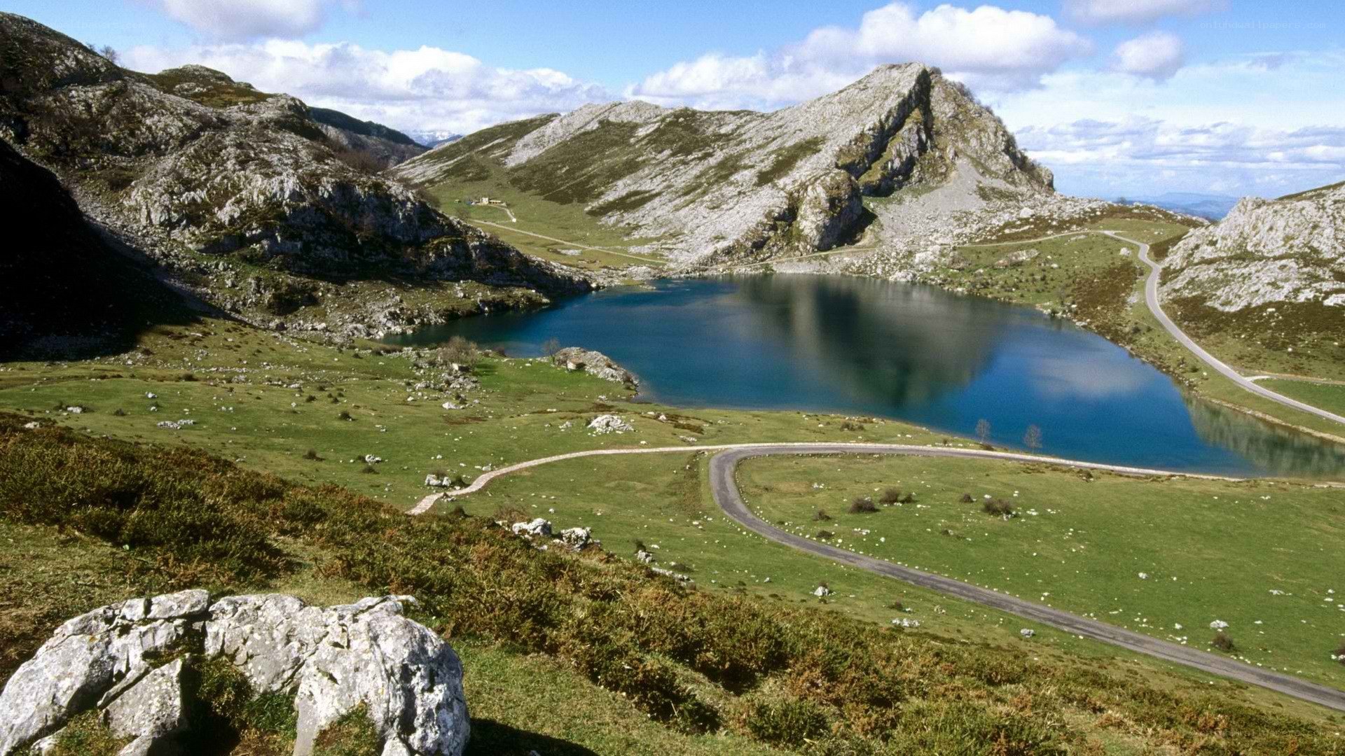 mountain lake with winding road