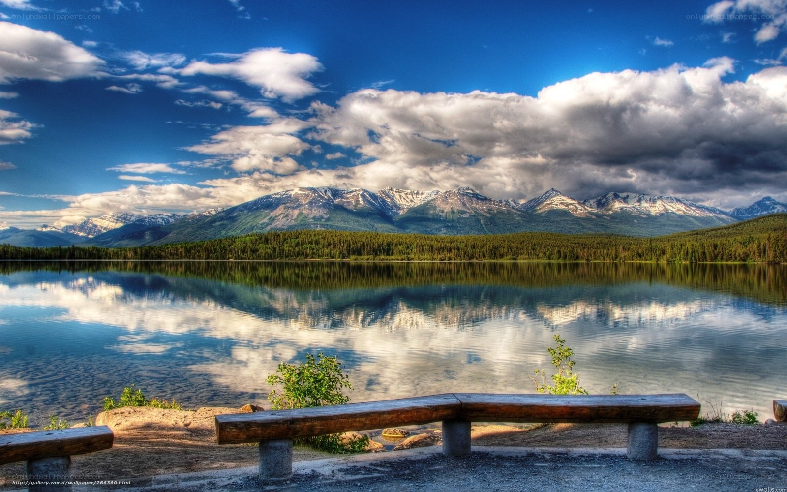 Mountain lake with wooden bench