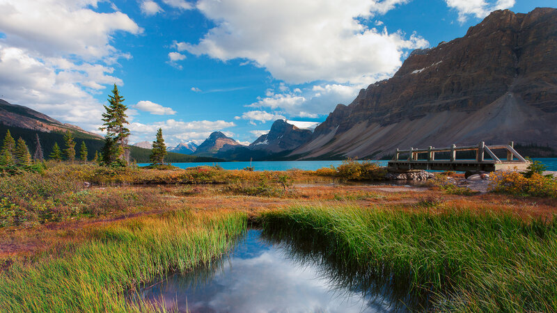 Mountain Lake with Wooden Bridge — Blue