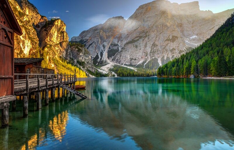 Mountain Lake with Wooden Dock — Green, Serene, Morning