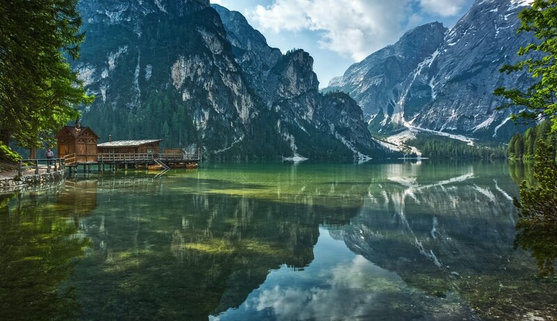Mountain Lake with Wooden Dock — Green, Serene