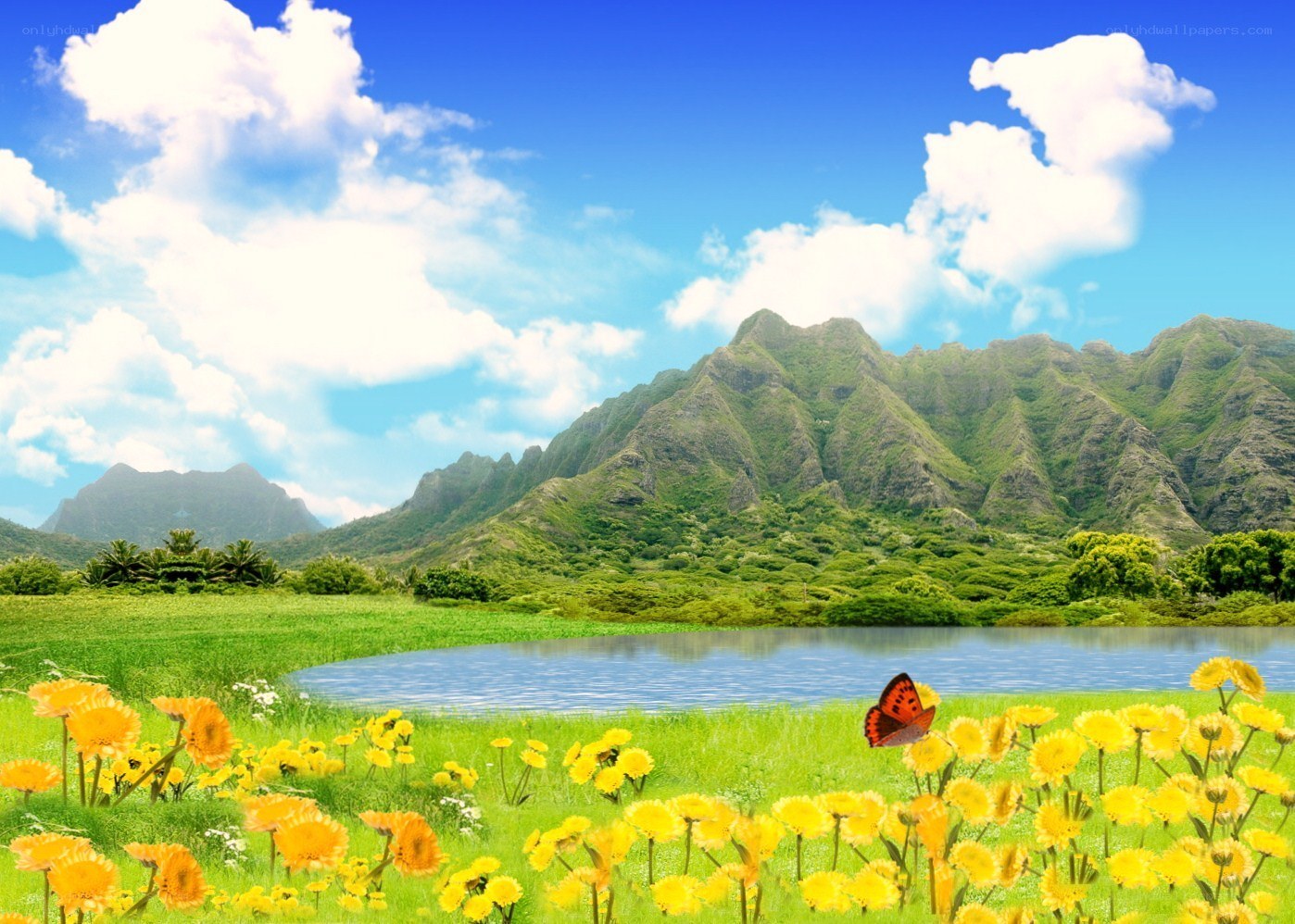 Mountain lake with yellow flowers