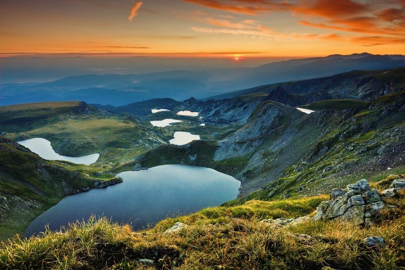 Mountain Lakes at Sunset — Orange, Serene, Photograph