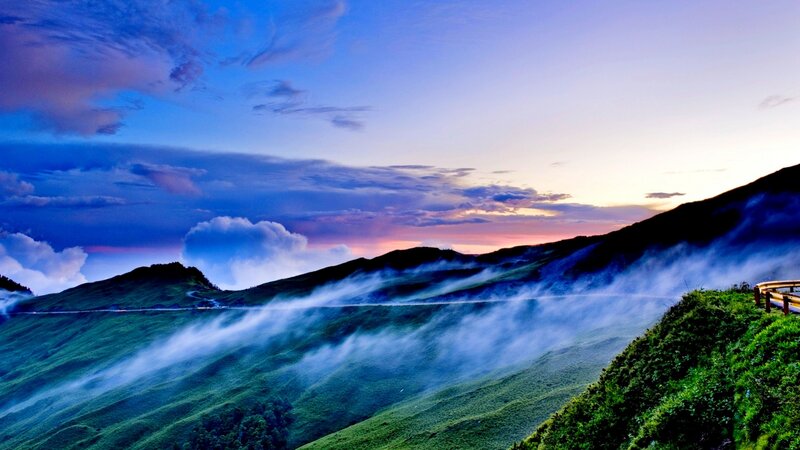 Mountain Landscape at Dusk — Blue, Serene, Sunset
