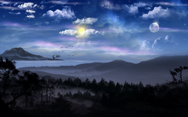 Mountain Landscape at Dusk — Blue, Serene