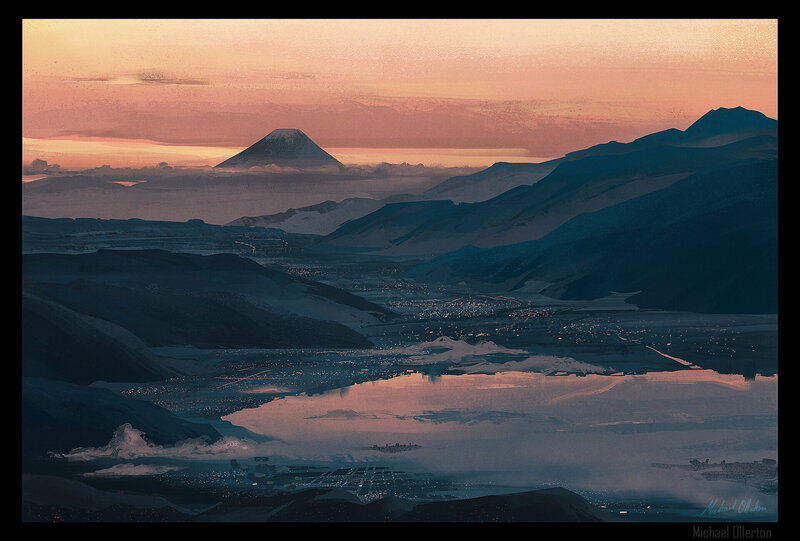 Mountain Landscape at Dusk — Orange, Serene