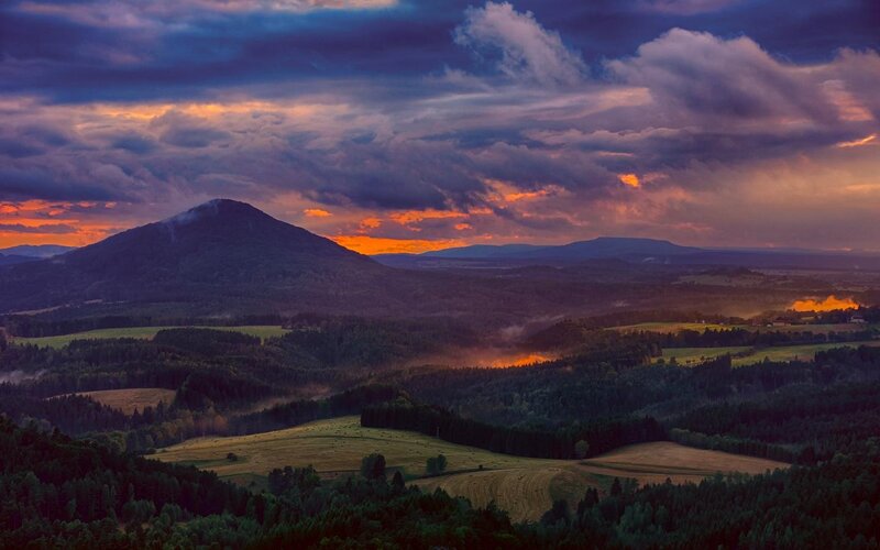 Mountain Landscape at Dusk — Purple, Dramatic, Sunset, Photograph, Clouds