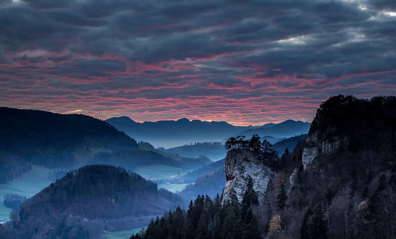 Mountain Landscape at Dusk — Purple, Dramatic, Sunset, Photograph, Clouds, Valley