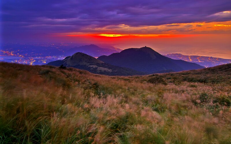 Mountain Landscape at Dusk — Purple, Dramatic, Sunset, Photograph