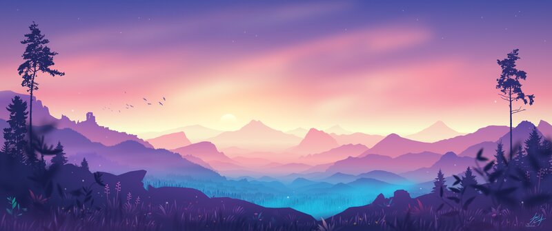 Mountain Landscape at Dusk — Purple, Serene, Sunset, Digital Art, Trees, Birds