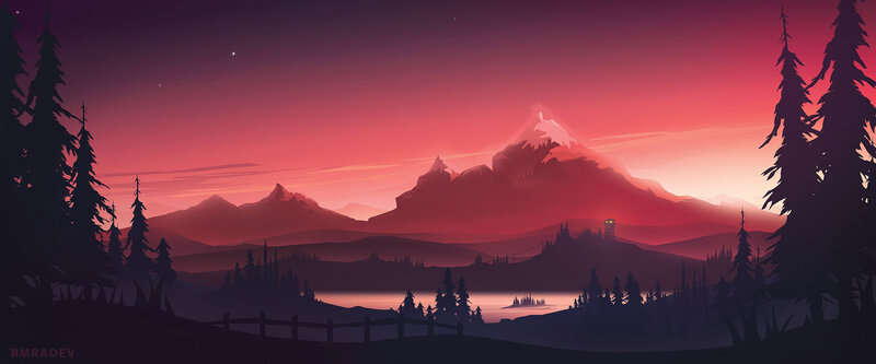 Mountain Landscape at Dusk — Red, Serene